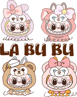 Bốn nhân vật Labubu hoạt hình dễ thương mặc trang phục động vật màu pastel, có nơ và mũ thủy thủ, cùng chữ LA BU BU.