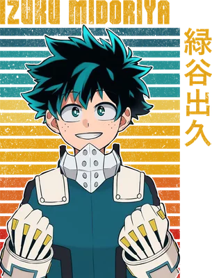 Hình vẽ Izuku Midoriya, nhân vật anime My Hero Academia, cười tươi, mặc trang phục anh hùng, có chữ tiếng Nhật và tiếng Anh.