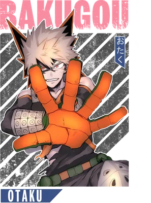 Hình ảnh nhân vật Katsuki Bakugo từ anime "My Hero Academia" với biểu cảm mạnh mẽ, tay giơ ra phía trước.
