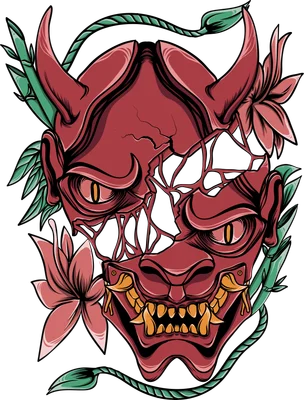 Hình minh họa mặt nạ quỷ Hannya màu đỏ bị nứt vỡ kết hợp hoa lá phong cách Nhật Bản