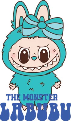 Hình minh họa nhân vật Labubu The Monster màu xanh ngọc dễ thương, có nơ trên đầu, răng nanh và má hồng.