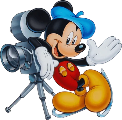 Hình ảnh chuột Mickey hoạt hình vui vẻ đội mũ xanh, cầm máy quay phim và đi giày trượt băng.