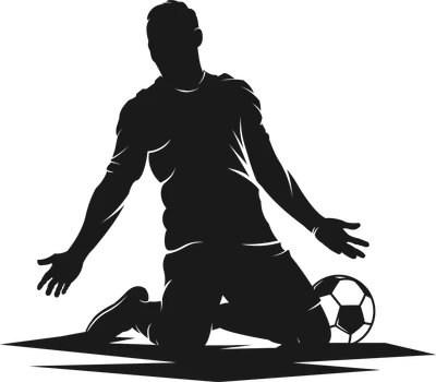 Hình silhouette đen của một cầu thủ bóng đá đang quỳ gối ăn mừng bên cạnh quả bóng.
