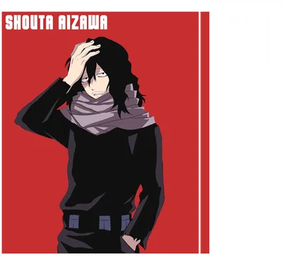 Shouta Aizawa, nhân vật anime My Hero Academia, tóc đen, khăn xám, áo đen, phong cách cool ngầu.