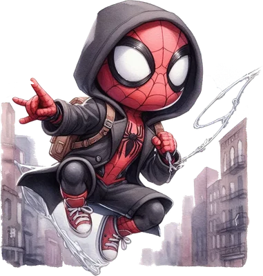 Hình ảnh Người Nhện chibi mặc áo hoodie đen, đeo balo, tạo dáng năng động trên nền thành phố, phong cách hoạt hình dễ thương.