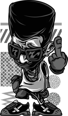 Hình vẽ nhân vật hoạt hình hip hop đeo kính râm, đội mũ, mặc áo ba lỗ, giơ ngón giữa, phong cách đường phố.