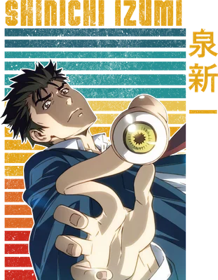Hình ảnh Shinichi Izumi từ Parasyte với mắt ký sinh độc đáo, tay đưa ra phía trước.