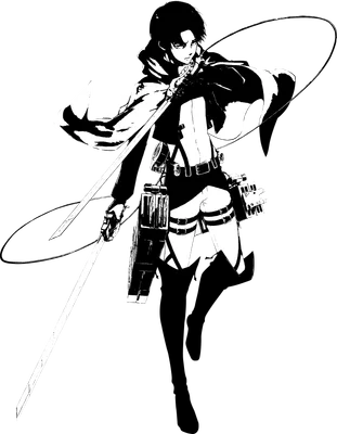 Hình vẽ nhân vật anime Levi Ackerman trong Attack on Titan, mặc trang phục quân đội, cầm hai thanh kiếm, tư thế chiến đấu.