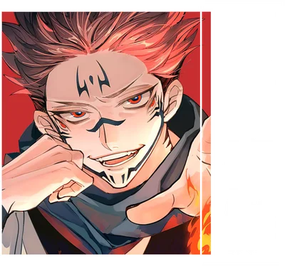 Hình ảnh Ryomen Sukuna từ Jujutsu Kaisen với nụ cười tà ác, đôi mắt đỏ rực và các hình xăm đặc trưng.