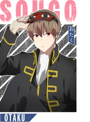 Hình ảnh anime chàng trai tóc nâu, mắt đỏ, đội mặt nạ mắt đỏ, mặc áo khoác đen viền vàng.