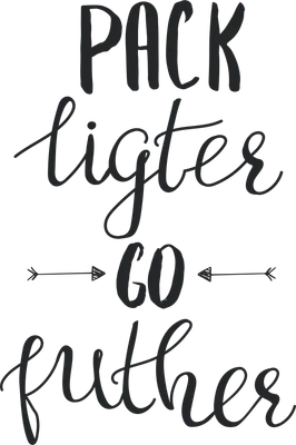 Hình ảnh chữ viết tay "Pack Lighter Go Further" với mũi tên hai bên, font chữ mềm mại, màu đen trên nền xám.