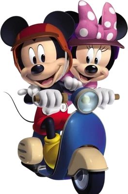 Mickey và Minnie Mouse hoạt hình 3D đội mũ bảo hiểm, vui vẻ lái xe scooter màu xanh trên nền xám.