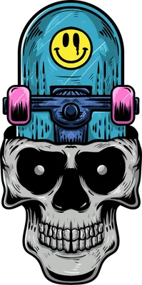 Hình minh họa đầu lâu đội ván trượt skateboard màu xanh với bánh xe hồng và mặt cười vàng có giọt nước mắt.