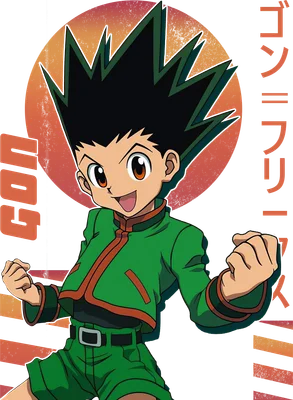 Hình ảnh nhân vật Gon Freecss trong anime Hunter x Hunter, mặc trang phục xanh lá, biểu cảm vui vẻ, tay nắm chặt.