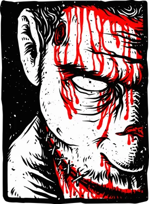 Hình minh họa chân dung zombie với vết khâu và máu chảy phong cách đồ họa đen trắng đỏ