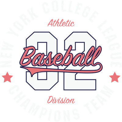 Thiết kế đồ họa hình tròn với chữ 'New York College League Champions Team', số '32' và chữ 'Baseball' màu hồng.
