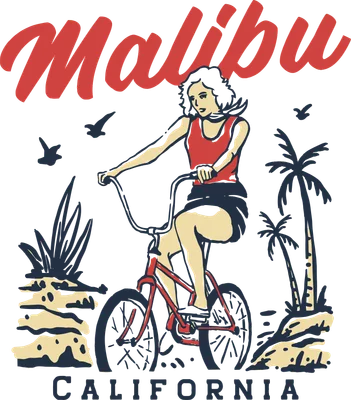 Hình minh họa phong cách retro về cô gái tóc xám mặc áo đỏ đạp xe đạp trên bãi biển Malibu, California với cây cọ và chim.