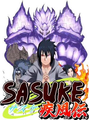 Hình ảnh Sasuke Uchiha với Susanoo màu tím và ngọn lửa, kèm chữ SASUKE.