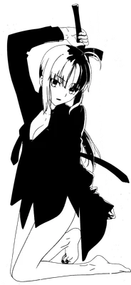 Hình ảnh minh họa phong cách anime đen trắng, một nữ chiến binh với mái tóc hai màu đang quỳ gối, tay cầm kiếm.