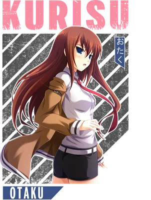 Hình ảnh anime Kurisu Makise tóc nâu, mặc áo khoác nâu, áo sơ mi trắng, quần short đen, với chữ 'KURISU' và 'OTAKU' trên nền xám.