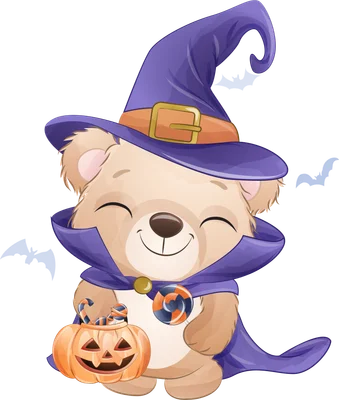 Hình ảnh chú gấu con đội mũ phù thủy màu tím, mặc áo choàng, tay cầm bí ngô Halloween và kẹo.