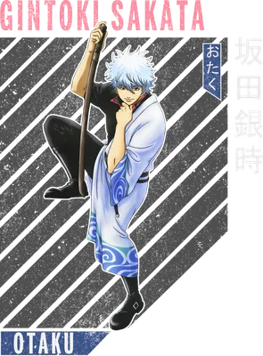 Hình vẽ Gintoki Sakata, nhân vật anime tóc bạc, mặc áo kimono xanh trắng, cầm kiếm, có chữ Gintoki Sakata và Otaku.