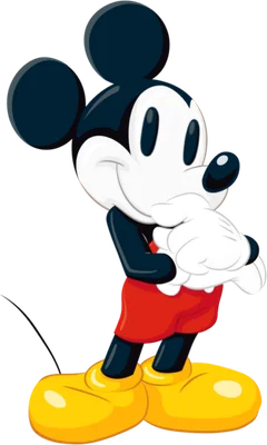 Hình ảnh hoạt hình chuột Mickey cổ điển đứng mỉm cười, tay chắp trước ngực, màu đen, trắng, đỏ, vàng.