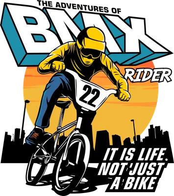 Hình minh họa tay đua BMX đội mũ bảo hiểm vàng, quần xanh, đạp xe số 22 trước nền hoàng hôn và thành phố.