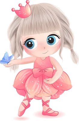 Hình ảnh minh họa bé gái vũ công ballet dễ thương, đội vương miện hồng, mặc váy công chúa, tay cầm bướm xanh.