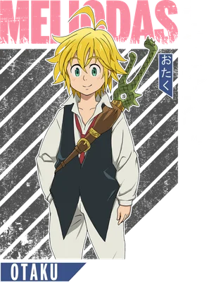 Hình ảnh Meliodas, nhân vật anime chibi, cầm kiếm, với chữ "MELIODAS" và "七つの大罪"