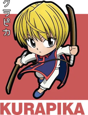 Hình ảnh chibi Kurapika với mái tóc vàng, trang phục xanh tím, cầm hai cây gậy, phong cách anime.