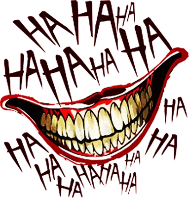 Hình ảnh nụ cười Joker ma quái với răng vàng sắc nhọn và chữ 'HA HA' xung quanh, nền xám.