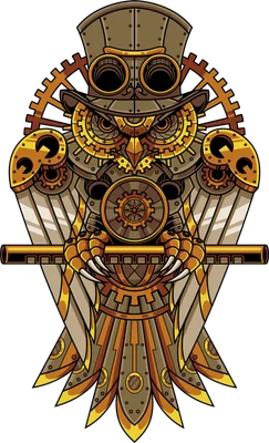 Hình ảnh minh họa cú máy với phong cách steampunk, các chi tiết bánh răng và kim loại màu vàng đồng.