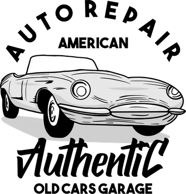 Hình vẽ minh họa xe hơi cổ điển màu xám với dòng chữ 'AUTO REPAIR AMERICAN AUTHENTIC OLD CARS GARAGE'