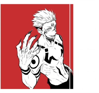 Hình vẽ nhân vật Sukuna từ anime Jujutsu Kaisen với hình xăm trên người, tay vuốt nhọn, biểu cảm nham hiểm.