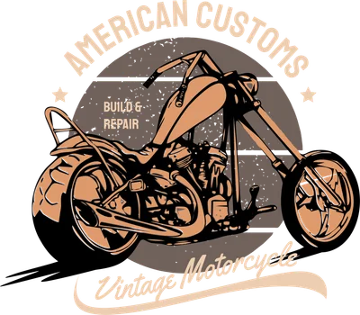 Hình minh họa xe mô tô chopper cổ điển phong cách retro với dòng chữ American Customs