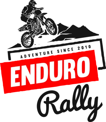 Hình ảnh đồ họa tay đua mô tô địa hình Enduro Rally màu đen trắng trên nền xám với chữ đỏ.
