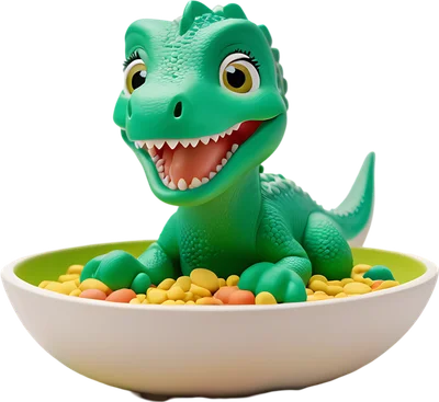 Hình ảnh 3D khủng long con màu xanh lá cây tươi cười, ngồi trong tô trắng đựng đầy kẹo vàng cam.