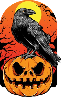 Hình minh họa quạ đen ngồi trên bí ngô Halloween với khuôn mặt đáng sợ, nền cam đỏ và trăng vàng.