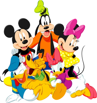 Hình ảnh nhóm nhân vật hoạt hình Disney gồm Mickey, Minnie, Goofy, Donald, Pluto và Daisy đang cười tươi, tạo dáng thân thiện trên nền xám.