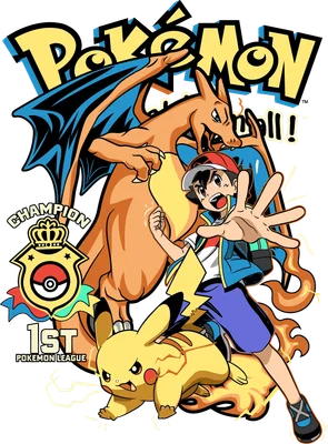 Ash Ketchum, Charizard và Pikachu trong thiết kế Pokemon Champion League