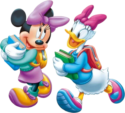 Minnie Mouse và Daisy Duck hoạt hình mặc đồ học sinh, cầm sách, chuẩn bị đi học trên nền xám.