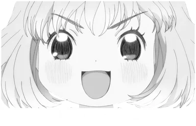 Hình ảnh cô gái anime với đôi mắt to tròn, biểu cảm vui vẻ, tóc vàng xoăn nhẹ, có chữ tiếng Nhật bên dưới.
