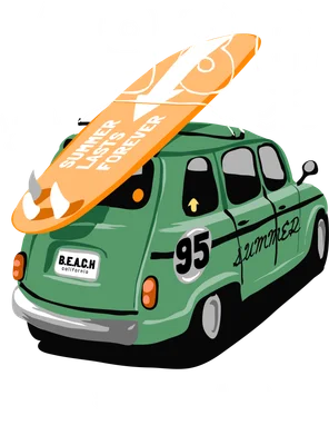 Hình vẽ xe ô tô cổ màu xanh lá chở ván lướt sóng màu cam, có chữ "Surf School" và "Summer Lasts Forever".