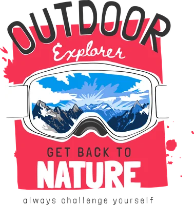 Hình minh họa kính trượt tuyết phản chiếu núi non hùng vĩ với chữ 'OUTDOOR explorer' và 'GET BACK TO NATURE'.