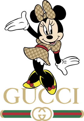 Hình ảnh Minnie Mouse mặc trang phục và phụ kiện mang họa tiết Gucci, đứng trên nền xám.