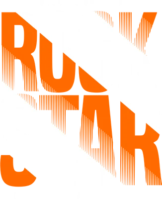 Hình ảnh typography chữ ROCK STAR màu cam và trắng trên nền xám, với các đường kẻ sọc trang trí.