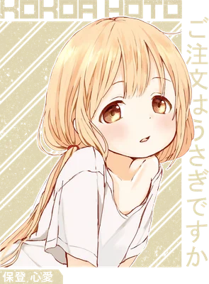 Hình ảnh cô gái anime tóc vàng, mắt to tròn, mặc áo trắng, biểu cảm dễ thương.
