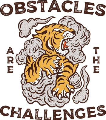 Hình minh họa hổ gầm trong mây với dòng chữ truyền cảm hứng Obstacles Are The Challenges phong cách vintage