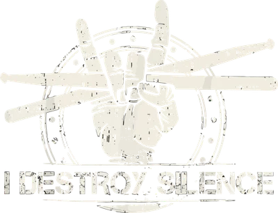 Hình minh họa bàn tay làm dấu rock n roll, cầm dùi trống, chữ 'I DESTROY SILENCE' phong cách grunge.
